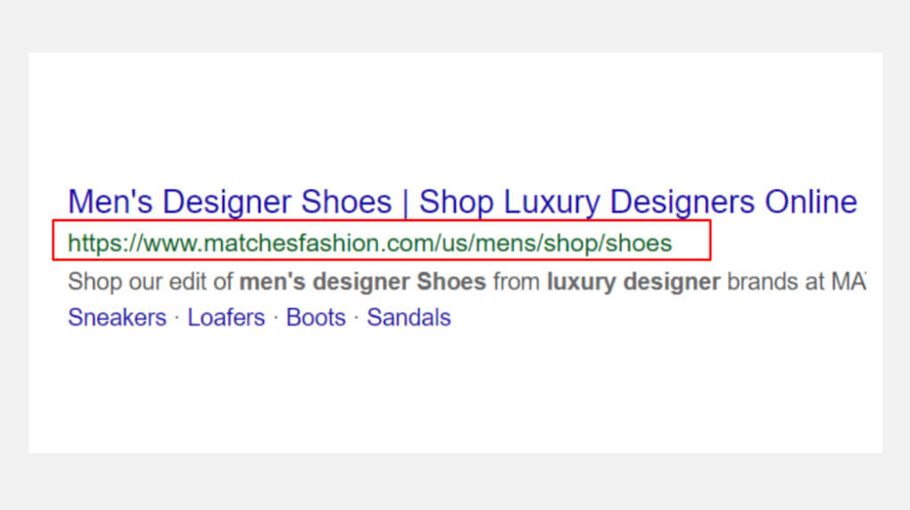 SEO best practices example of URL structure for matchesfashion.com on Google Search Page